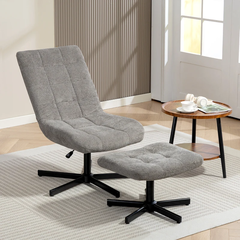 HOMCOM Fauteuil salon avec repose-pieds, chaise pivotante, hauteur réglable, dossier inclinable, 66 x 80 x 93-104 cm, gris