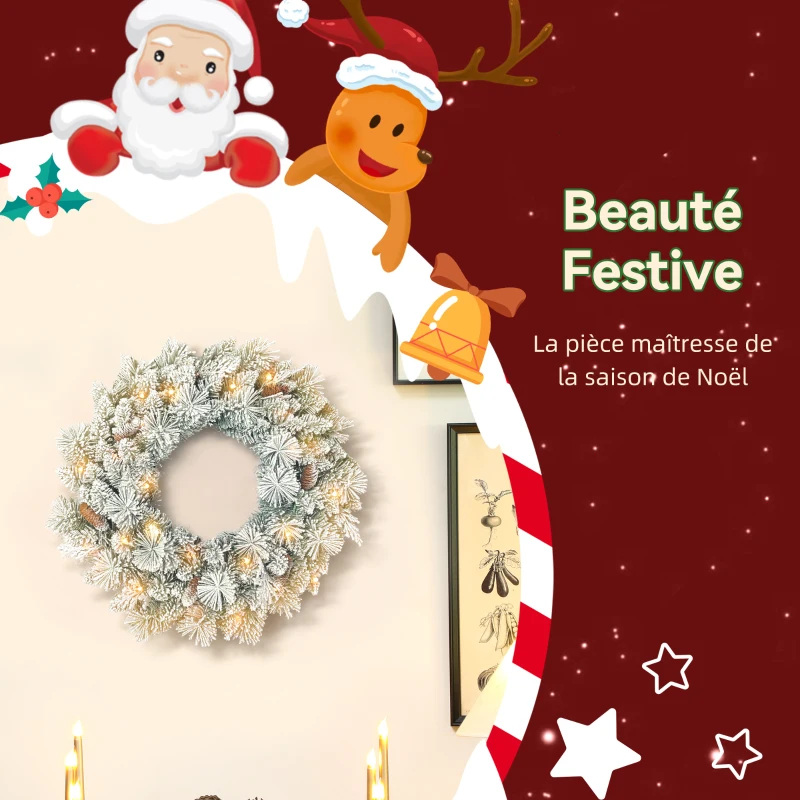 HOMCOM Couronne de Noël lumineuse 60 cm avec 35 LED blanc chaud, minuterie, 98 pointes, pommes de pin, vert et blanc