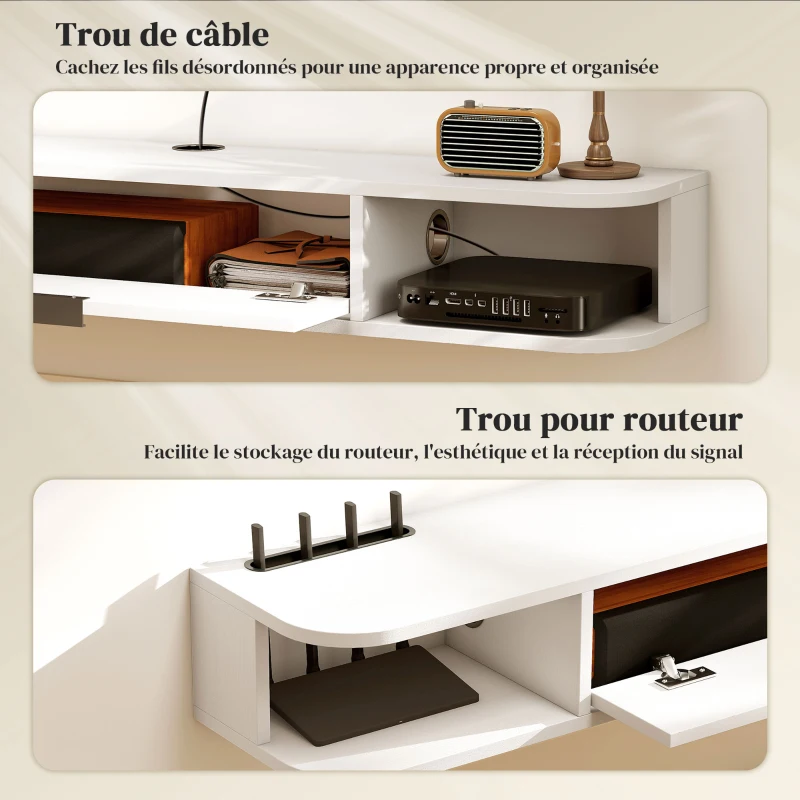 HOMCOM Meuble TV suspendu 120 cm, meuble télé pour téléviseur jusqu'à 50 pouces, tiroir rabattable 2 étagères 120x24x16cm blanc