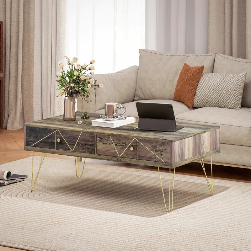 HOMCOM Table Basse en Bois Table de Salon Grand Plateau et 2 Tiroirs Design de Luxe Élégant Décoration avec Lignes Dorées Peintes à La Main 110L x 59l x 42H cm Brun