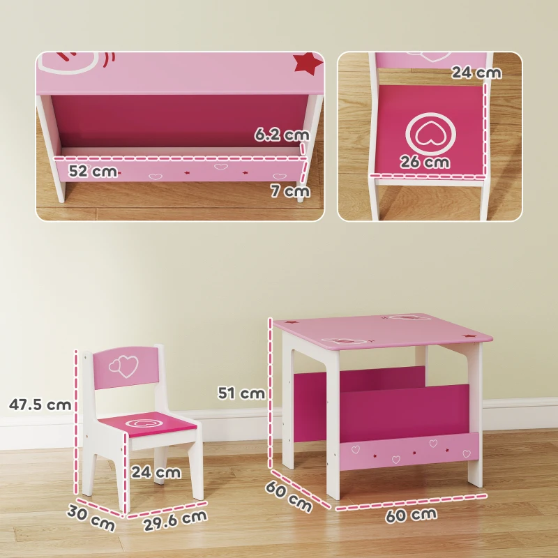 AIYAPLAY Set Tavolo con 2 Sedie per Bambini 3-8 Anni, Tavolino con Scaffale in Legno MDF con Disegni a Cuori, Rosa