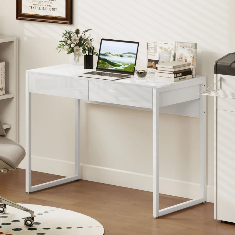 HOMCOM Bureau avec 2 tiroirs, table d'ordinateur 100 x 50 cm, bureau moderne pied en acier, pour petits espaces, blanc brillant