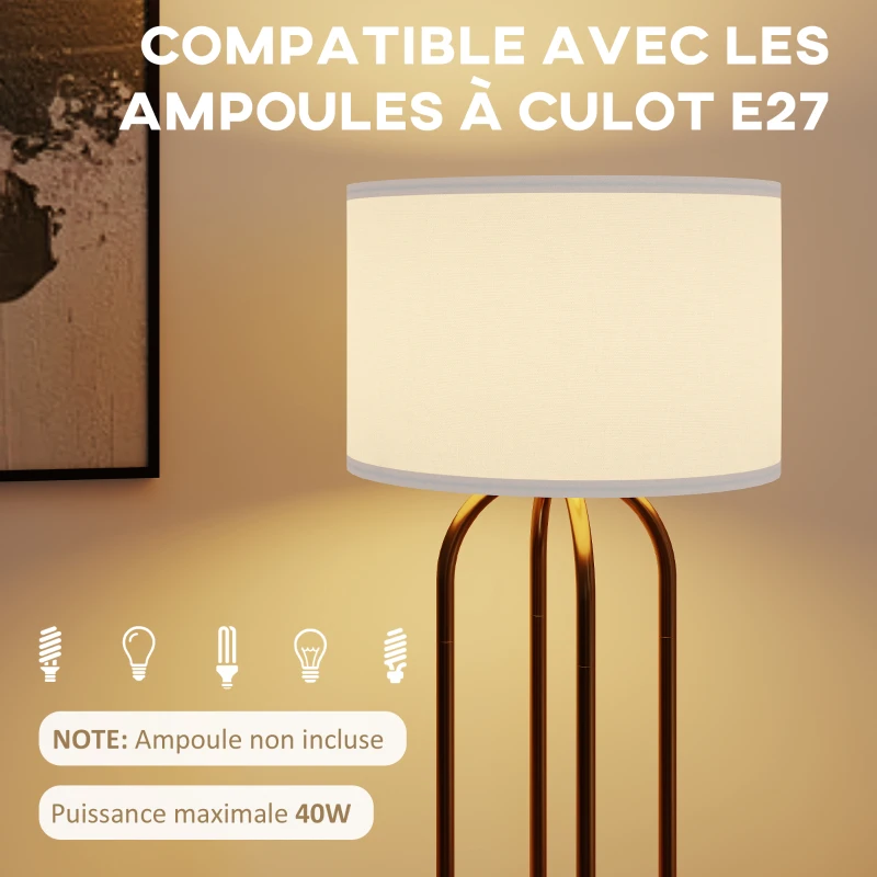 HOMCOM Lampadaire sur pied de salon, lampe sur pied avec abat-jour en lin et interrupteur à pied, Ø 38 x 161 cm, doré et beige