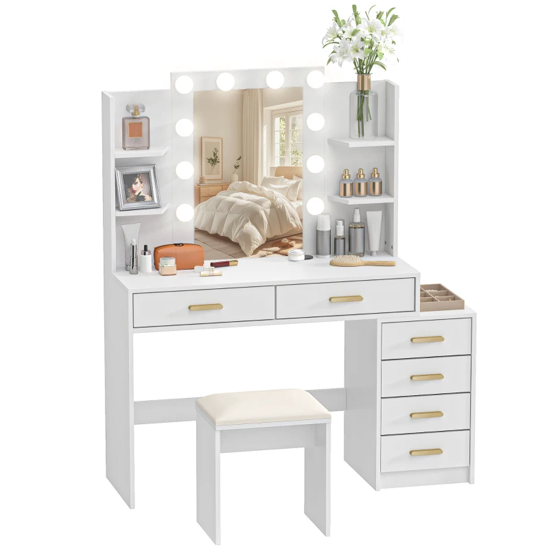 HOMCOM Tocador con espejo iluminado y taburete acolchado, set de maquillaje con 6 cajones y estantes, Blanco