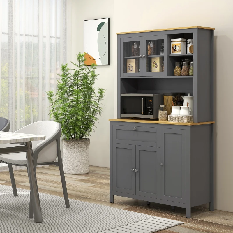 HOMCOM Armoire de cuisine buffet cuisine 5 portes dont 2 portes vitrées et 1 tiroir, 1 niche centrale - hauteur 180 cm gris