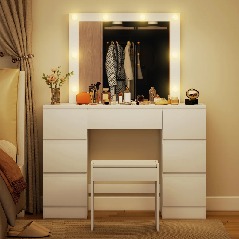 HOMCOM Coiffeuse avec miroir et tabouret table de maquillage avec miroir LED tabouret rembourré 7 tiroirs 110x39,5x140cm blanc