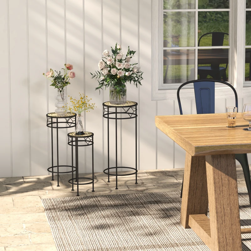 Outsunny Lot de 3 supports pot de fleurs supports pour plantes ronds étagère à fleurs empilables - plateaux aspect rotin