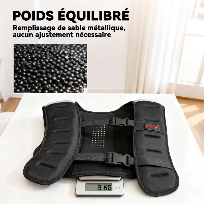 SPORTNOW Gilet lesté 8 kg veste lestée respirant avec sangles réglables et bandes réfléchissantes en sable de fer 43 x 33 cm noir