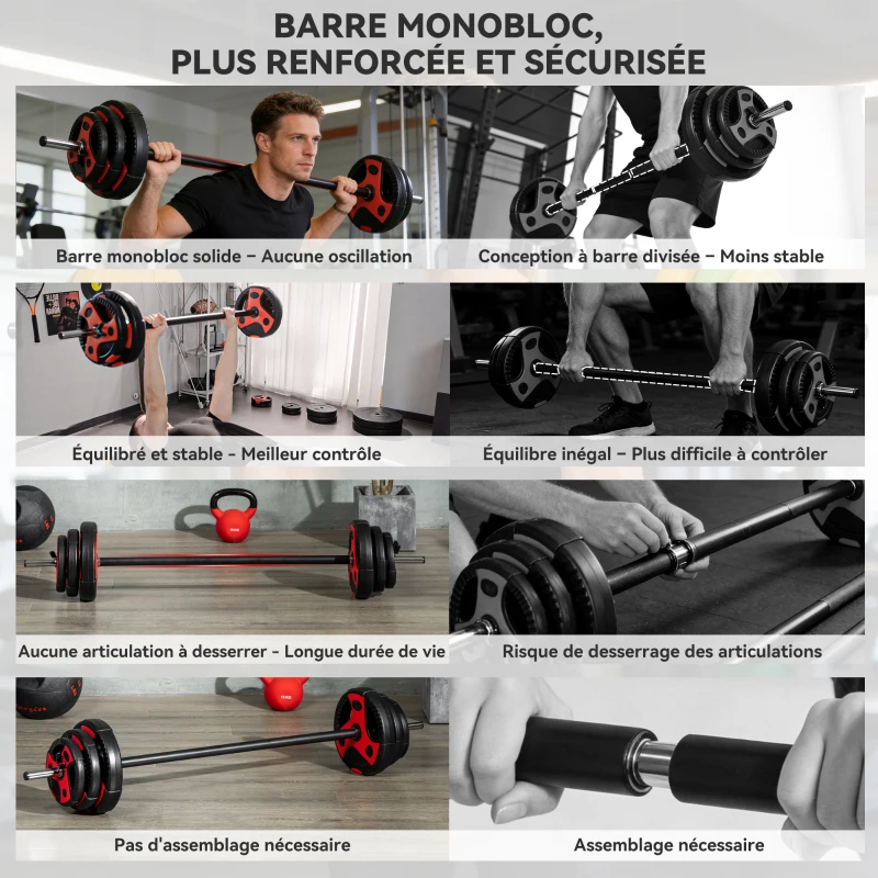 SPORTNOW Ensemble d'haltère 20 kg kit barre de musculation avec poignée antidérapante, poids réglable, Ø 27 x 140 cm noir