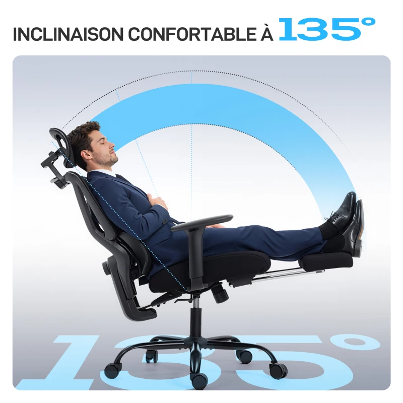 HOMCOM Chaise bureau ergonomique, fauteuil de bureau avec soutien lombaire dynamique adaptatif, 73x75x120-128cm, noir