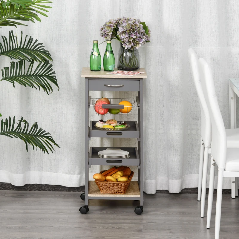 HOMCOM Chariot de service desserte de cuisine à roulettes panier + 2 plateaux amovibles, tiroir, étagère en bois chêne clair