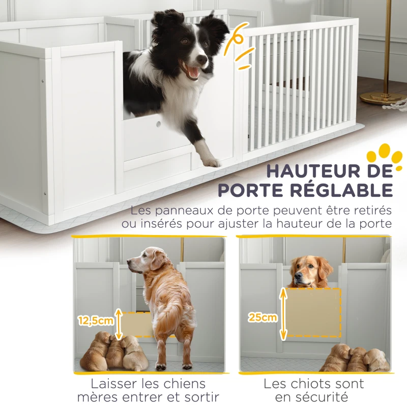 PawHut Boîte de mise bas pour chiens et chiots, parc de mise bas pour chiens porte à hauteur réglable 166 x 80 x 50 cm, blanc
