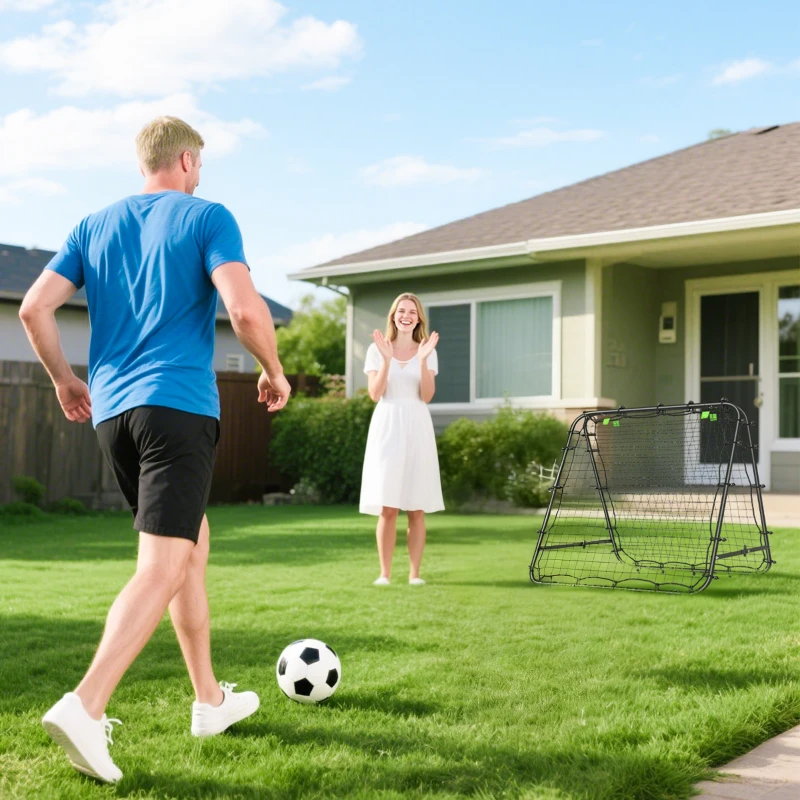 HOMCOM Filet de rebond double face 91 x 91 cm filet de rebond football pliable réglable dans 5 angles structure en acier noir