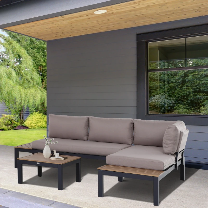 Outsunny Ensemble Salon de Jardin d'angle Design Contemporain 5 Places Coussins Marron Table Basse alu. Noir et Imitation Bois