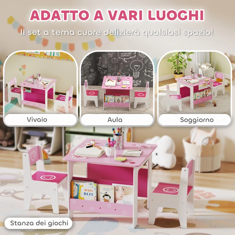 AIYAPLAY Set Tavolo con 2 Sedie per Bambini 3-8 Anni, Tavolino con Scaffale in Legno MDF con Disegni a Cuori, Rosa