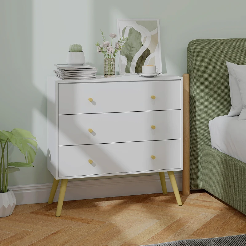HOMCOM Commode 3 tiroirs design scandinave piètement effilé incliné bois pin panneaux blanc80 x 30 x 80 cm blanc