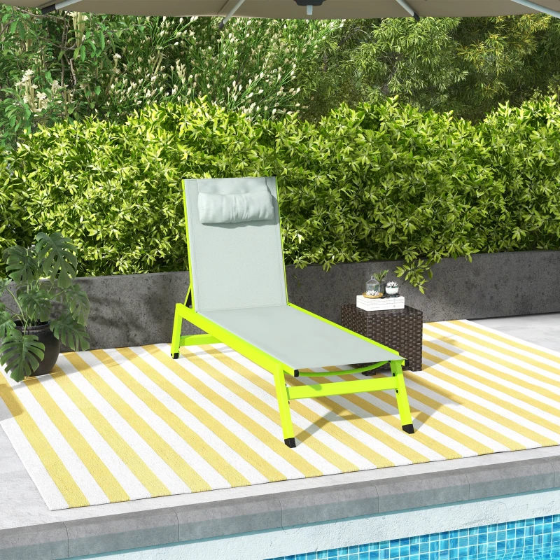 Outsunny Bain de soleil transat en aluminium et textilène avec roulettes et repose-tête dossier inclinable vert