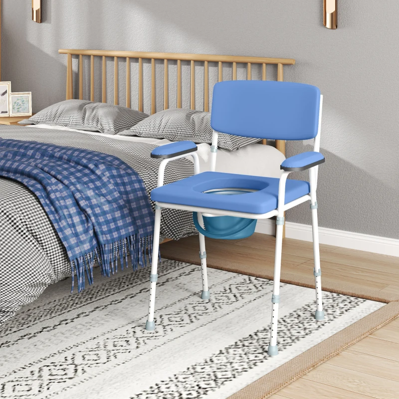 HOMCOM Chaise percée toilette multifonctions seau amovible hauteur réglable avec dossier siège et accoudoirs rembourrés bleu