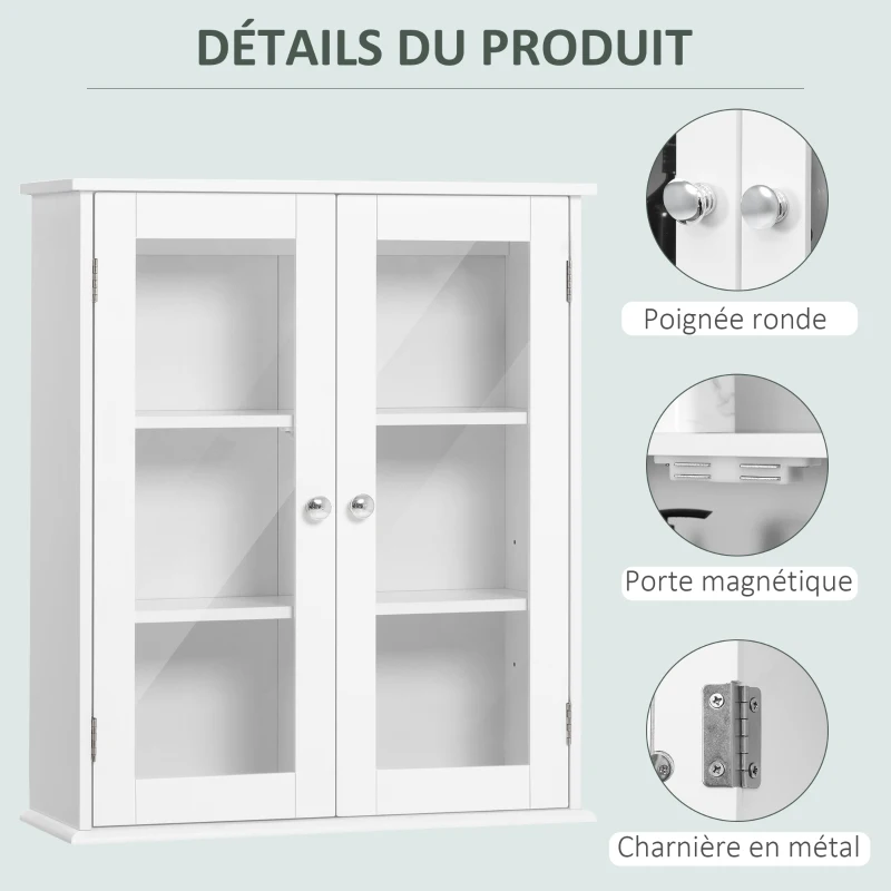kleankin Armoire murale de salle de bain, meuble haut salle de bains avec 2 portes en verre, étagère réglable, 55x20x65cm, blanc