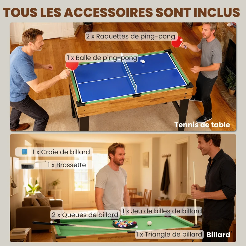 SPORTNOW Table multijeux 13 en 1, table de jeu baby-foot, billard, ping-pong, 121x109x80cm, pour enfants et adultes, noyer clair