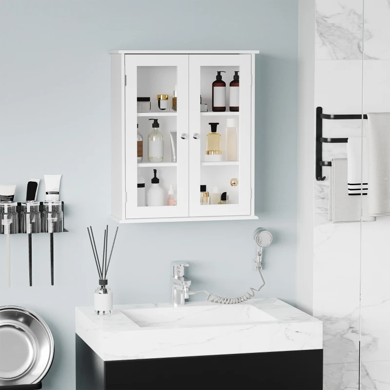 kleankin Armoire murale de salle de bain, meuble haut salle de bains avec 2 portes en verre, étagère réglable, 55x20x65cm, blanc