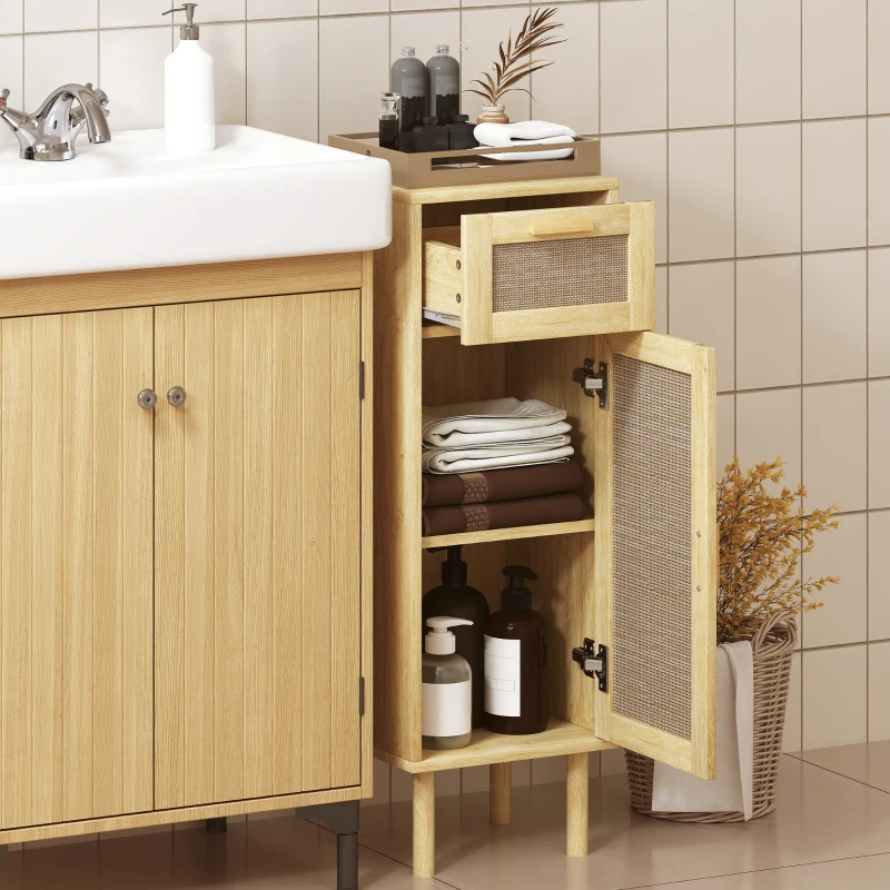 HOMCOM Meuble salle de bain rangement, meuble de rangement style bohème - tiroir et placard, étagères réglables, porte à rotin