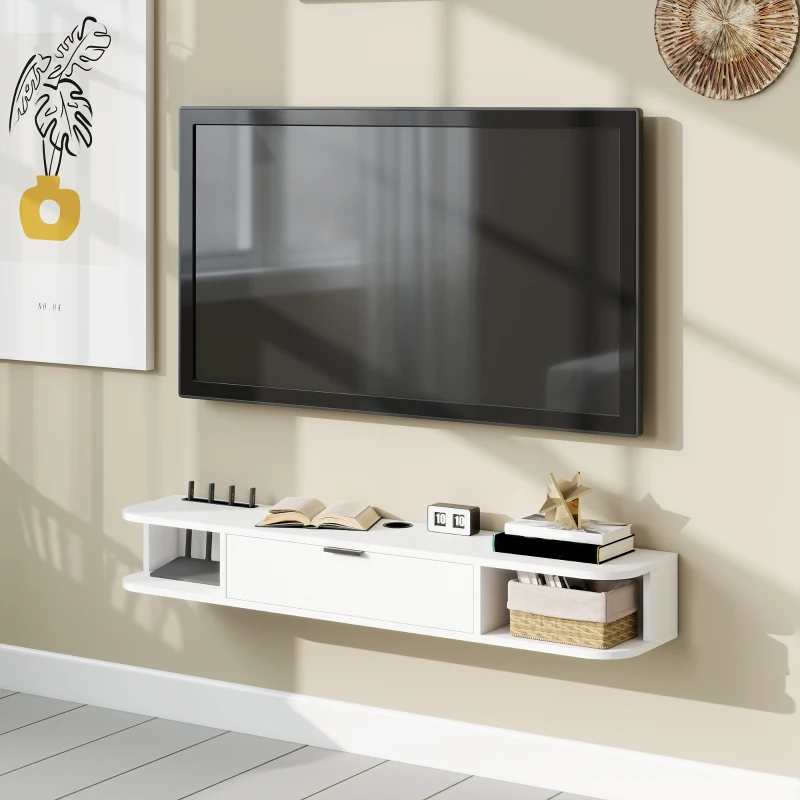 HOMCOM Meuble TV suspendu 120 cm, meuble télé pour téléviseur jusqu'à 50 pouces, tiroir rabattable 2 étagères 120x24x16cm blanc