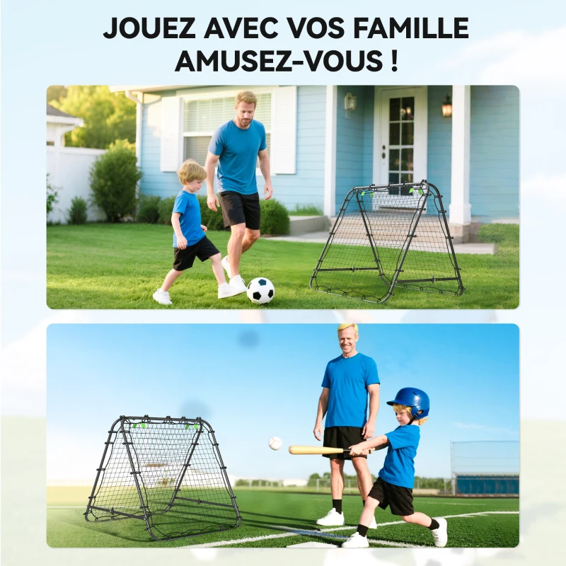 HOMCOM Filet de rebond double face 91 x 91 cm filet de rebond football pliable réglable dans 5 angles structure en acier noir