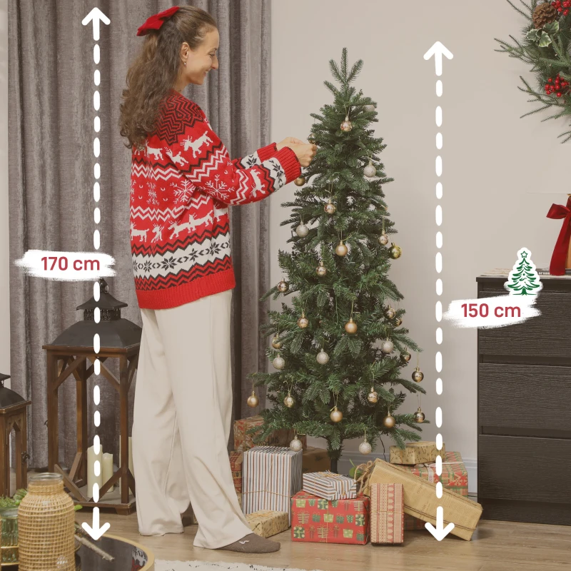 HOMCOM Sapin de Noël artificiel 150 cm, arbre de Noël slim avec 150 lumières 8 modes d'éclairage 431 branches articulées, vert