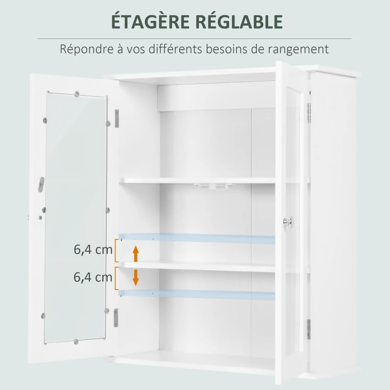 kleankin Armoire murale de salle de bain, meuble haut salle de bains avec 2 portes en verre, étagère réglable, 55x20x65cm, blanc