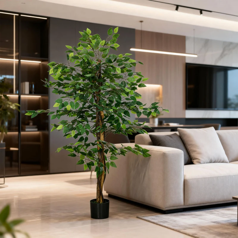 HOMCOM Plante artificielle ficus hauteur 1,50 m tronc branches liane lichen feuilles grand réalisme pot inclus vert