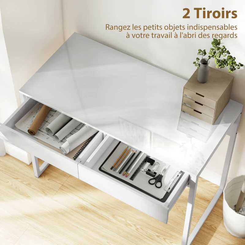 HOMCOM Bureau avec 2 tiroirs, table d'ordinateur 100 x 50 cm, bureau moderne pied en acier, pour petits espaces, blanc brillant