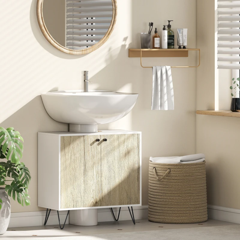 kleankin Meuble sous lavabo, meuble de salle de bain avec 2 portes, pieds en acier, 60 x 30 x 60 cm, blanc et bois naturel