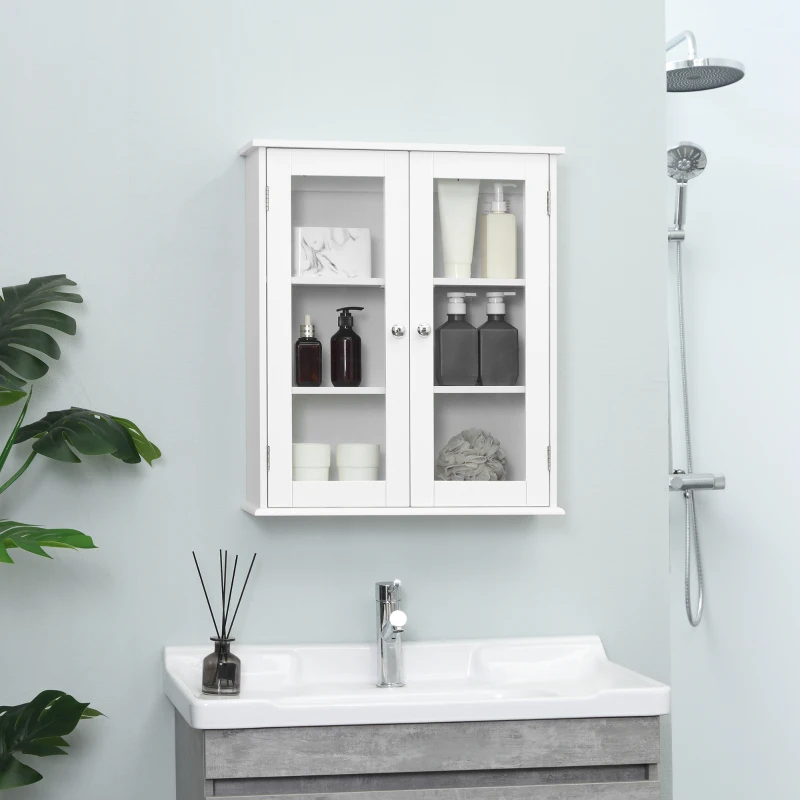 kleankin Armoire murale de salle de bain, meuble haut salle de bains avec 2 portes en verre, étagère réglable, 55x20x65cm, blanc
