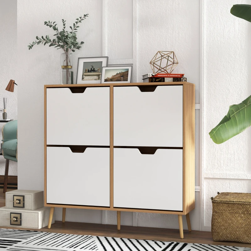 HOMCOM Meuble à chaussures 4 abattants 16 paires avec étagère réglable pieds en bois de pin 95 x 26 x 95 cm naturel