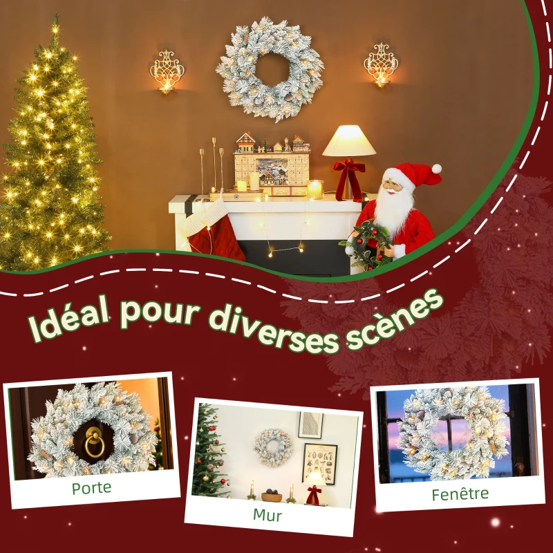 HOMCOM Couronne de Noël lumineuse 60 cm avec 35 LED blanc chaud, minuterie, 98 pointes, pommes de pin, vert et blanc