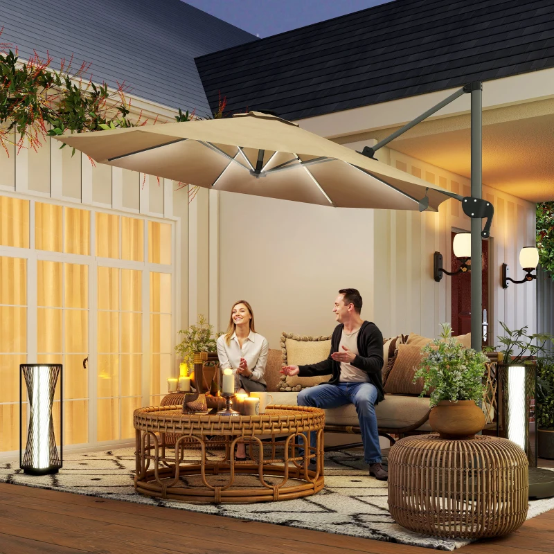 Outsunny Parasol déporté octogonal parasol LED solaire inclinable pivotant manivelle piètement aluminium dim. Ø 3 x 2,55H m beige