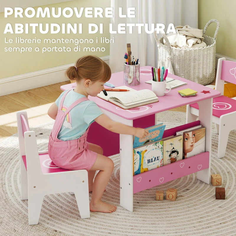 AIYAPLAY Set Tavolo con 2 Sedie per Bambini 3-8 Anni, Tavolino con Scaffale in Legno MDF con Disegni a Cuori, Rosa