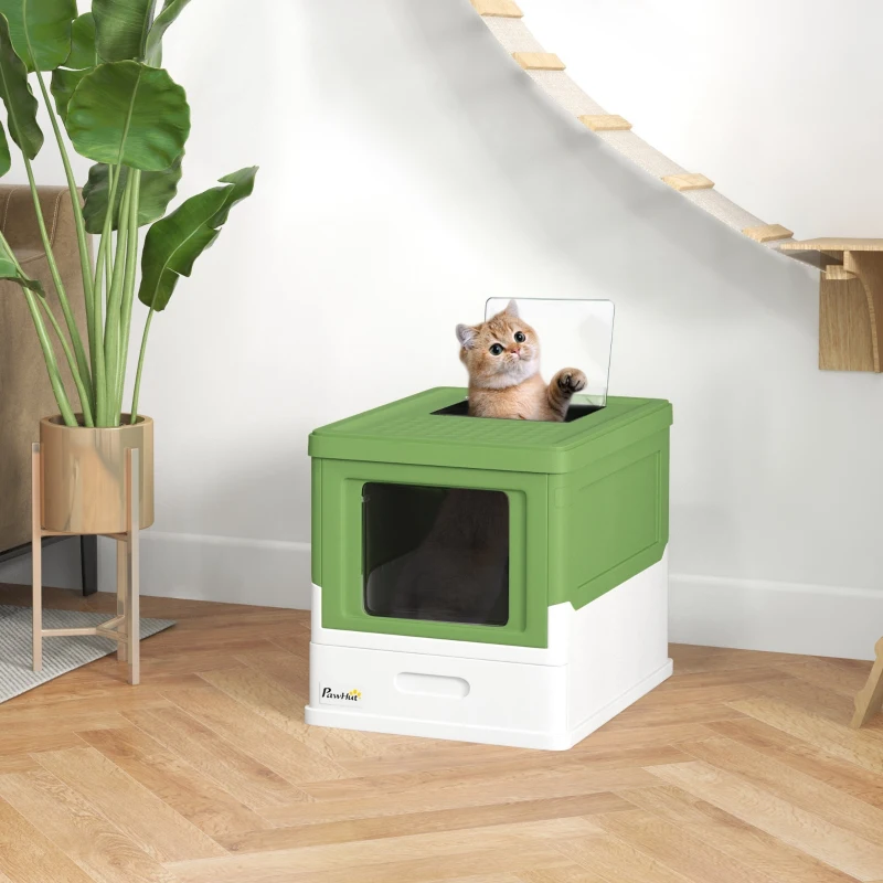 PawHut Maison de toilette pour chat pliable double porte battante et supérieure pelle fourni 47,5 x 35,5 x 36,7 cm vert avocat