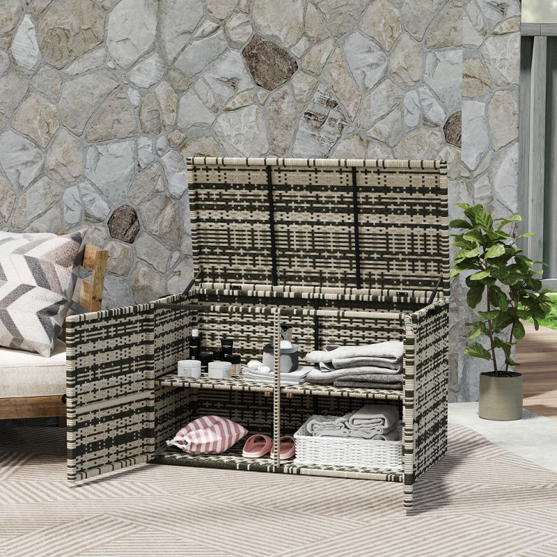 Outsunny Coffre de jardin en résine tressée coffre de rangement extérieur 350 L à 2 niveaux vérin à gaz 118x57x69cm gris mélangé