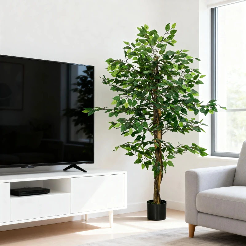 HOMCOM Plante artificielle ficus hauteur 1,50 m tronc branches liane lichen feuilles grand réalisme pot inclus vert