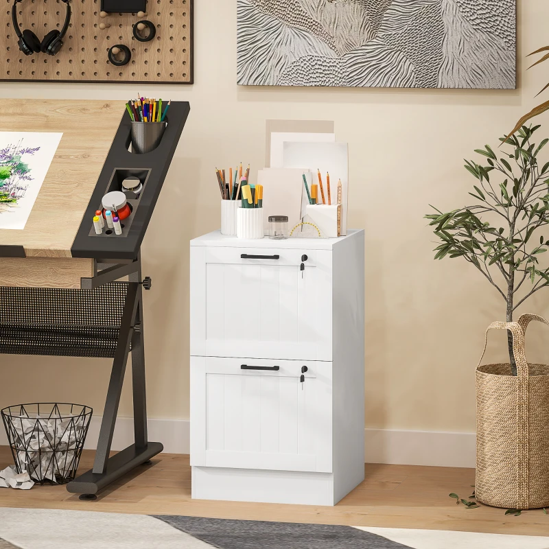 HOMCOM Caisson bureau, meuble rangement bois 2 tiroirs et serrure, barres de suspension réglables, 40 x 40 x 71 cm, blanc