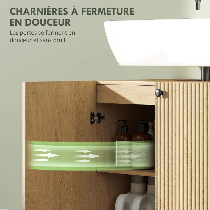 HOMCOM Meuble sous lavabo, meuble de salle de bain 2 portes à fermeture amortie, étagère réglable, 60x39,8x58,5cm, bois naturel
