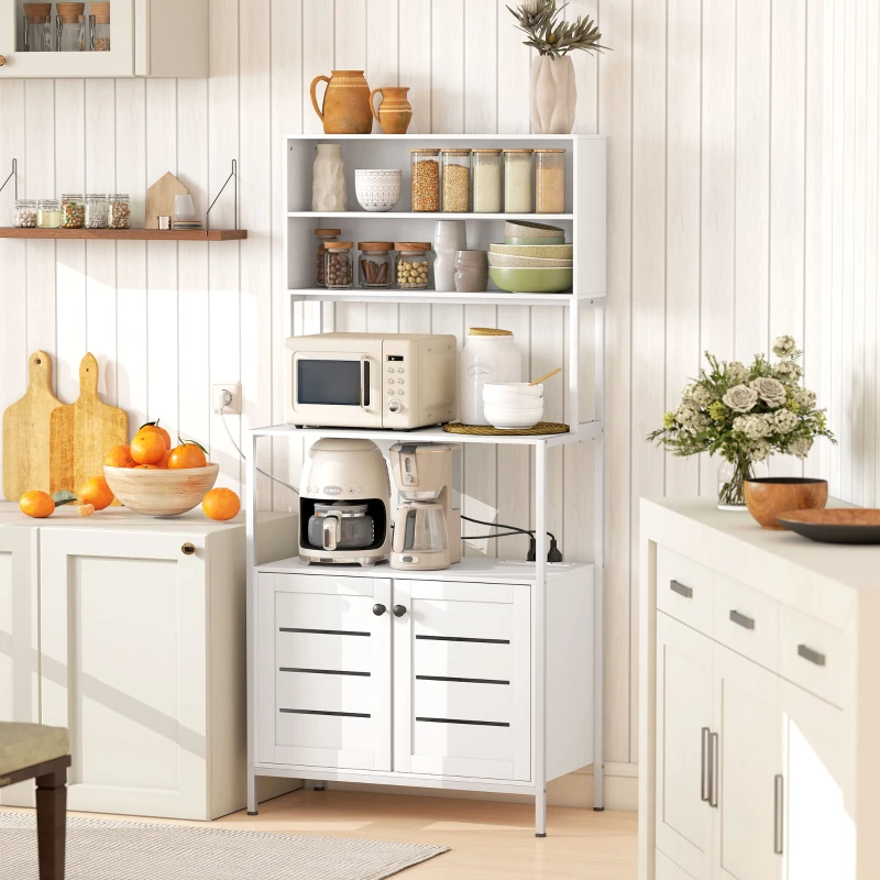 HOMCOM Étagere cuisine meuble micro-onde avec multiprise, double porte à persiennes, compartiments ouverts, 80x42x171cm, blanc