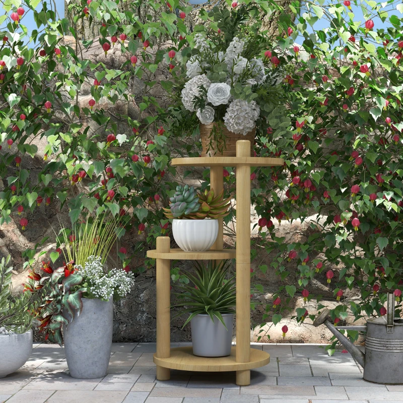 Outsunny Étagère à plantes en bois piédestal étagères rondes à fleurs support de pots de fleurs 3 niveaux