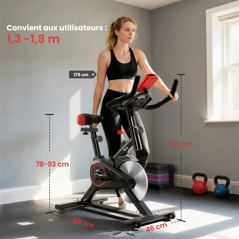 HOMCOM Vélo d'appartement vélo de Fitness avec écran LCD multifonctions capteur de fréquence cardiaque selle et guidon réglables poids volant inertie 6 Kg acier noir et rouge(m-3)