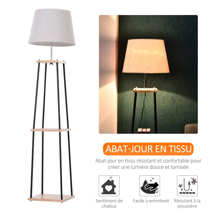 HOMCOM Lampadaire design contemporain dim. 40L x 40l x 160H cm 40 W max. 3 étagères intégrées bois massif pin métal noir lin beige