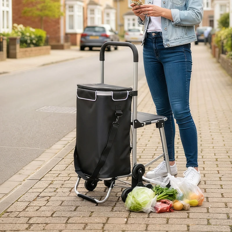 HOMCOM Chariot de courses pliable caddie de courses portable à roulettes avec siège pliable, sac amovible, 46x59,5x97cm, noir