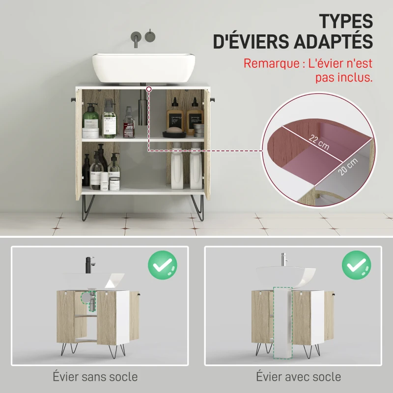 kleankin Meuble sous lavabo, meuble de salle de bain avec 2 portes, pieds en acier, 60 x 30 x 60 cm, blanc et bois naturel
