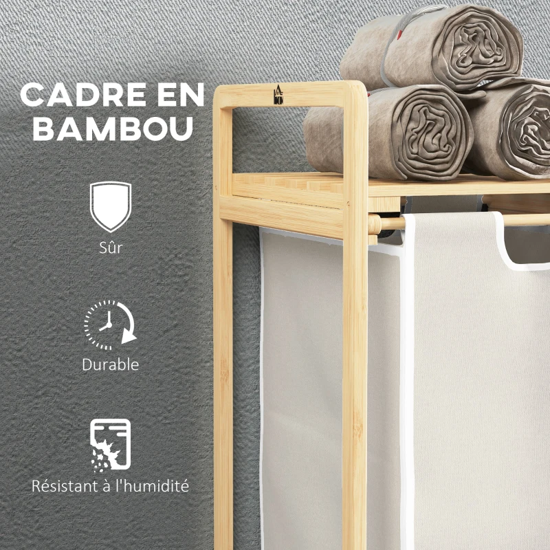 HOMCOM Panier à linge en bambou 2 paniers amovibles et coulissants en non-tissé 63,5 x 33 x 73 cm crème